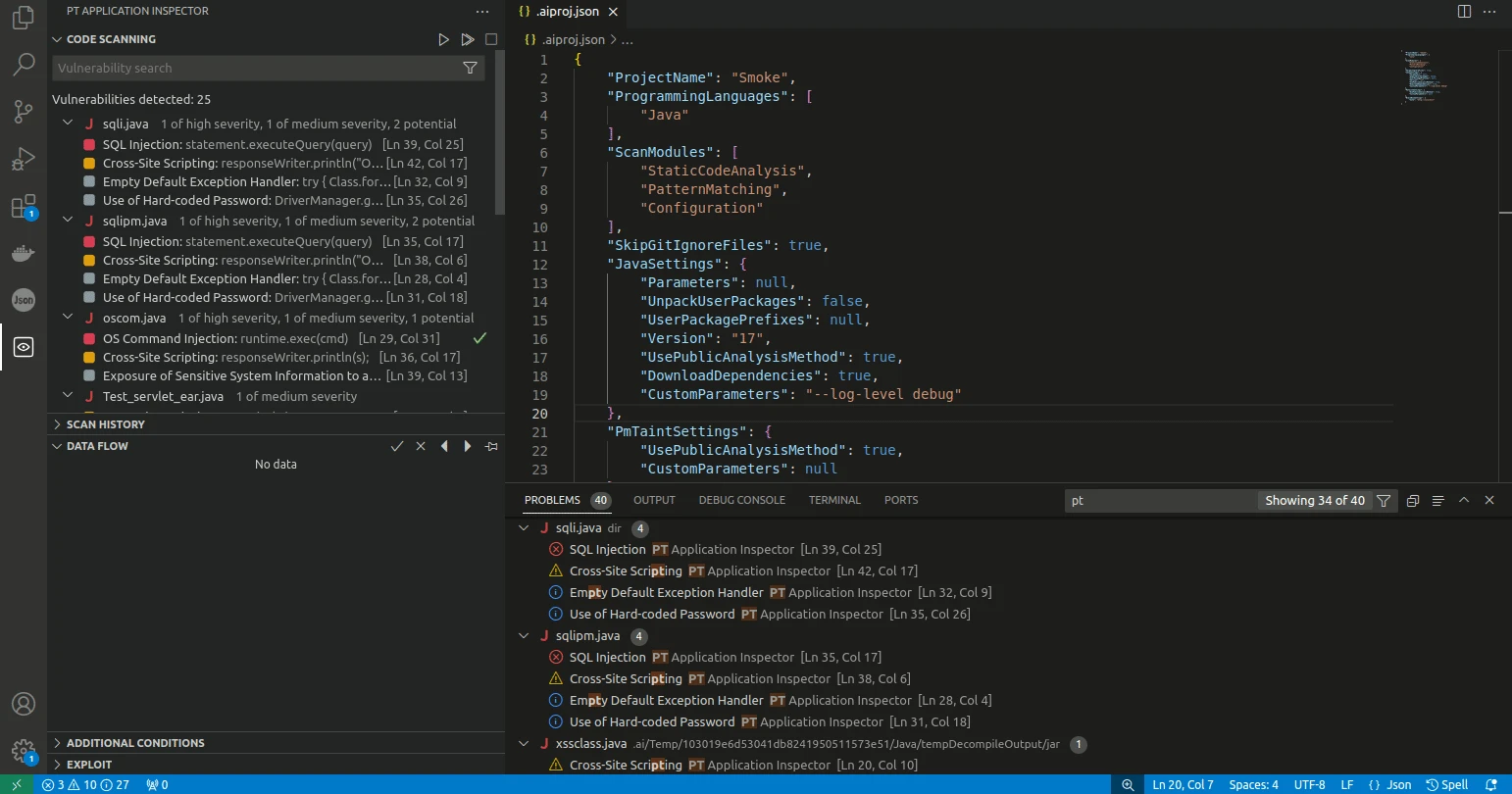 PT Application Inspector VS Code plugin showing 25 detected vulnerabilities across multiple Java files, including SQL Injection, XSS, and hardcoded password findings