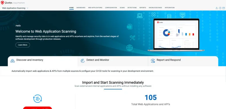Qualys WAS web application inventory dashboard showing discovered assets and risk scores
