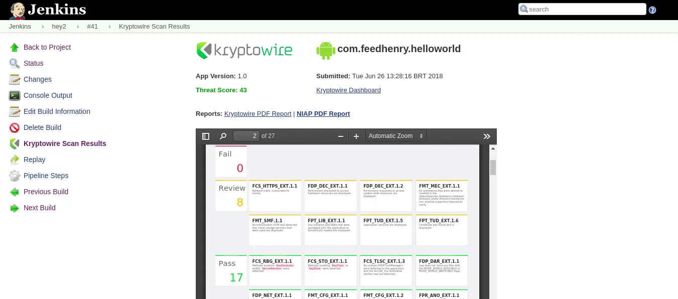 Quokka (Kryptowire) scan results in Jenkins showing an Android app's threat score and NIAP requirements grouped into fail, review, and pass