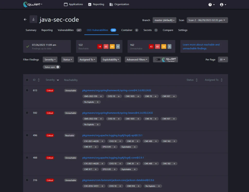 Qwiet AI OSS Vulnerabilities view showing 122 Reachable vs 162 Unreachable findings for a Java project