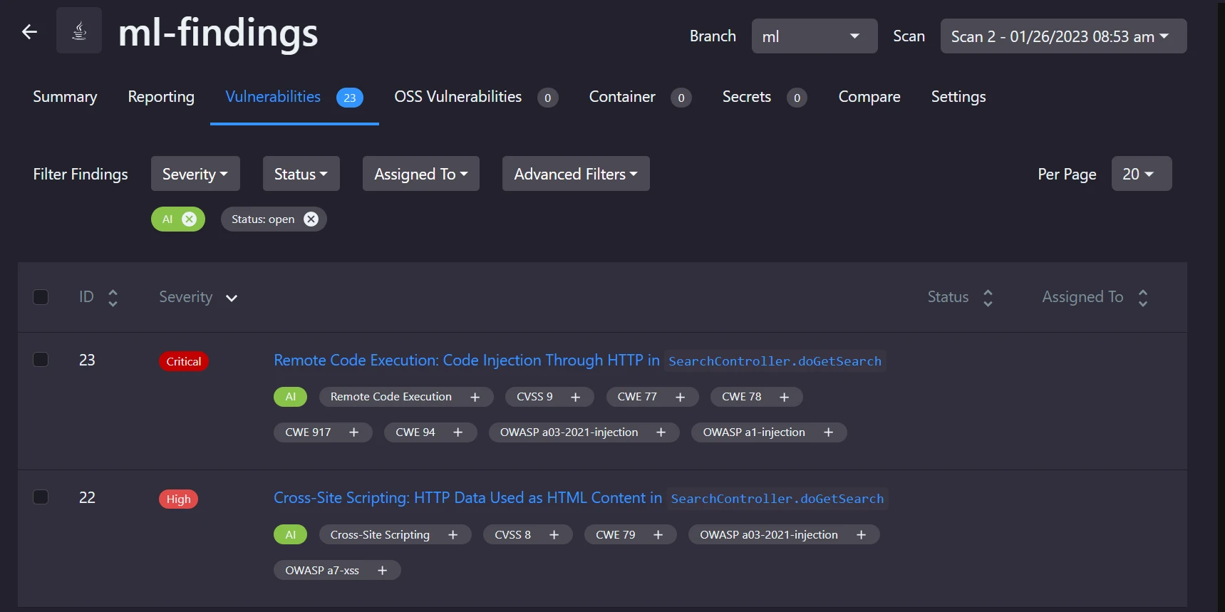 Qwiet AI SAST findings list showing critical and high severity vulnerabilities with CVE and CWE tags