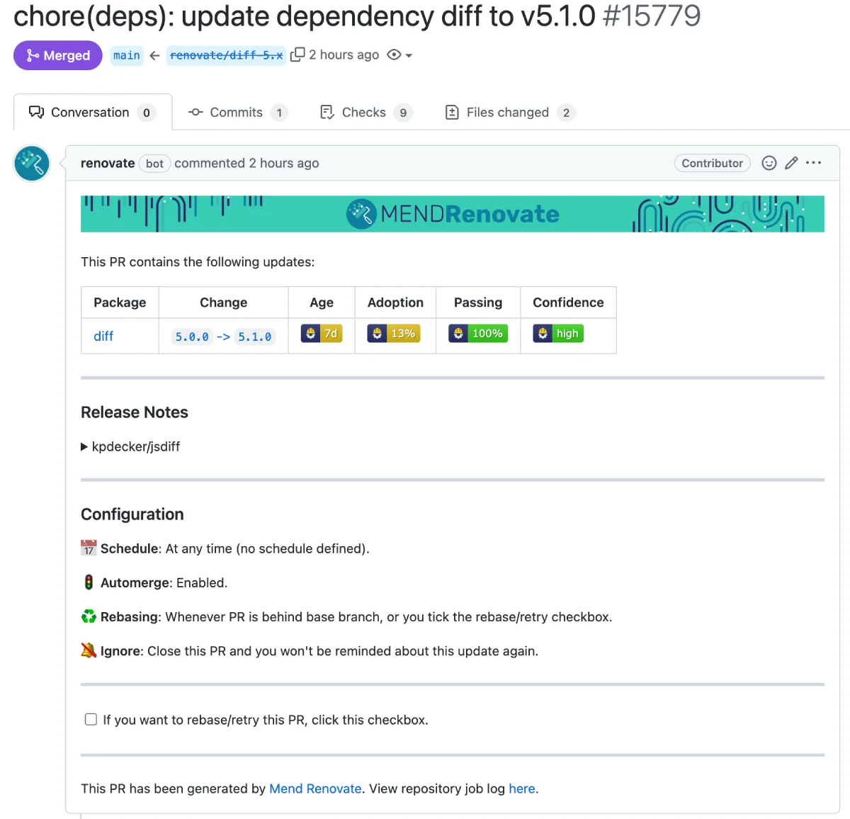 Renovate dependency update pull request showing version bump, changelog, and merge confidence badge