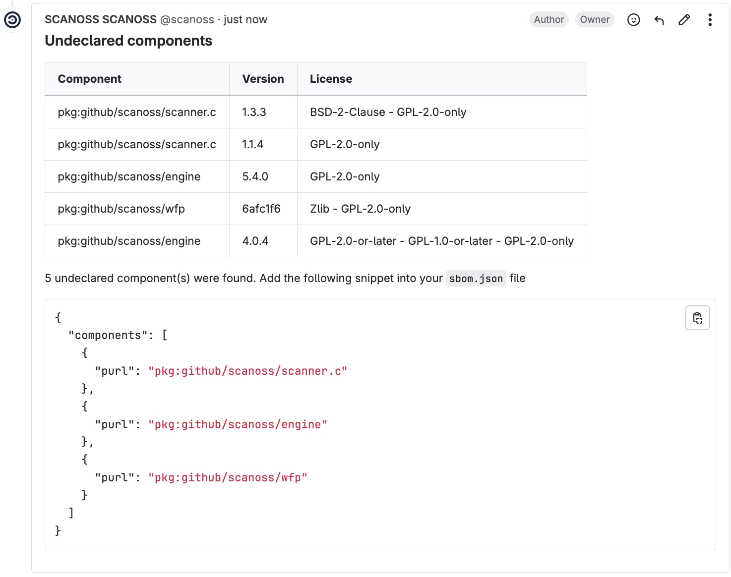 SCANOSS GitLab pull request report showing undeclared open-source components found with version and license details