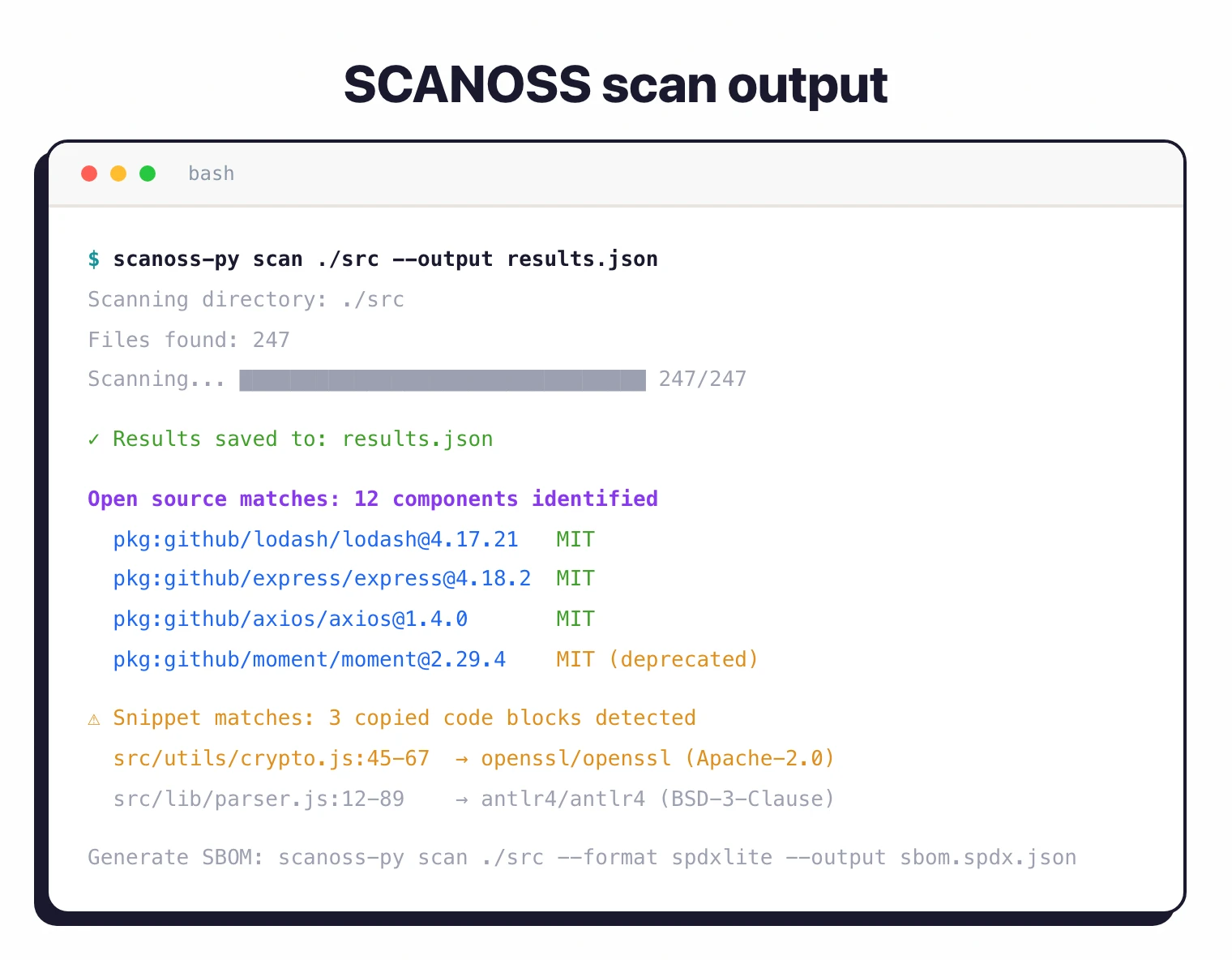 SCANOSS scan output showing open-source component matches with licenses and snippet detection warnings