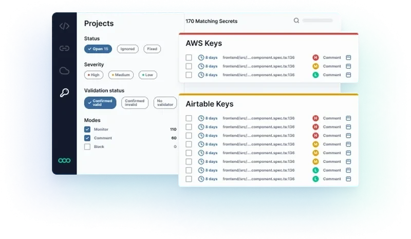 Semgrep Secrets dashboard showing detected AWS Keys and Airtable Keys across projects with severity indicators