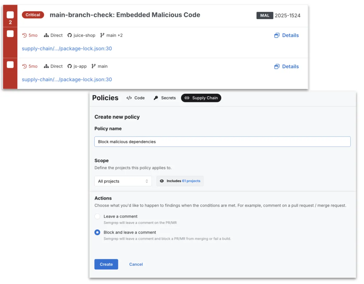 Semgrep Supply Chain findings list showing a critical malicious dependency alert (MAL 2025-1524) across multiple projects, alongside the policy editor for blocking malicious packages