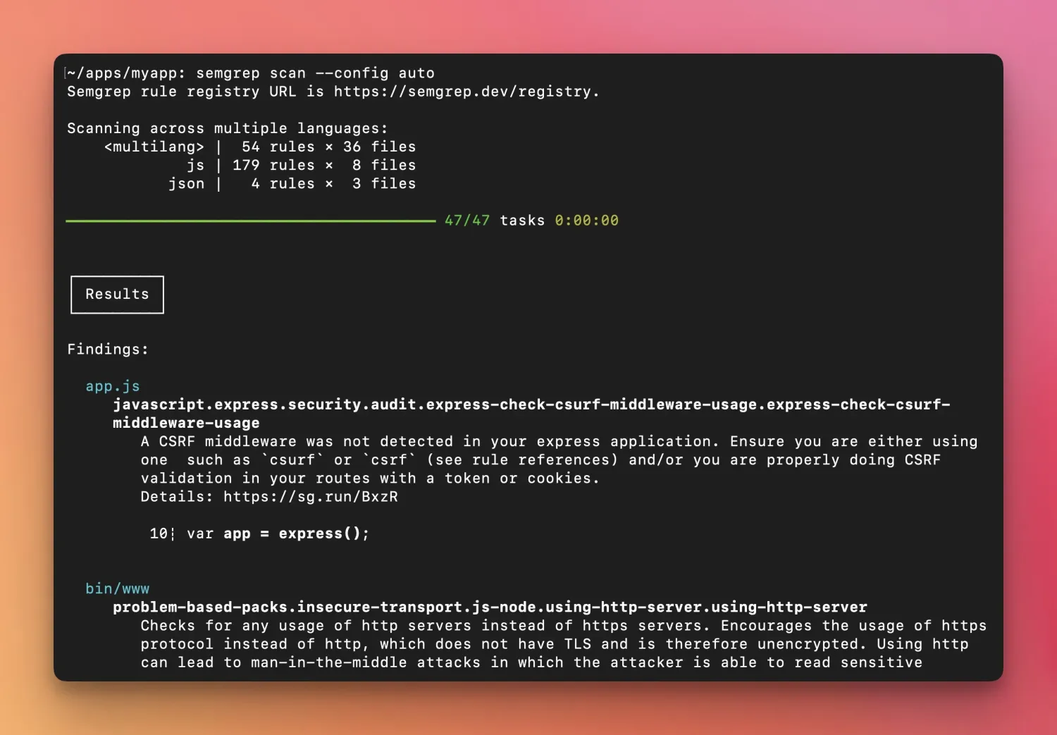 Semgrep CLI scan output from `semgrep scan --config auto` showing the rule registry banner, 47/47 tasks complete across multilang/js/json, and findings including an Express CSRF middleware miss in app.js and an insecure-transport / using-http-server hit in bin/www