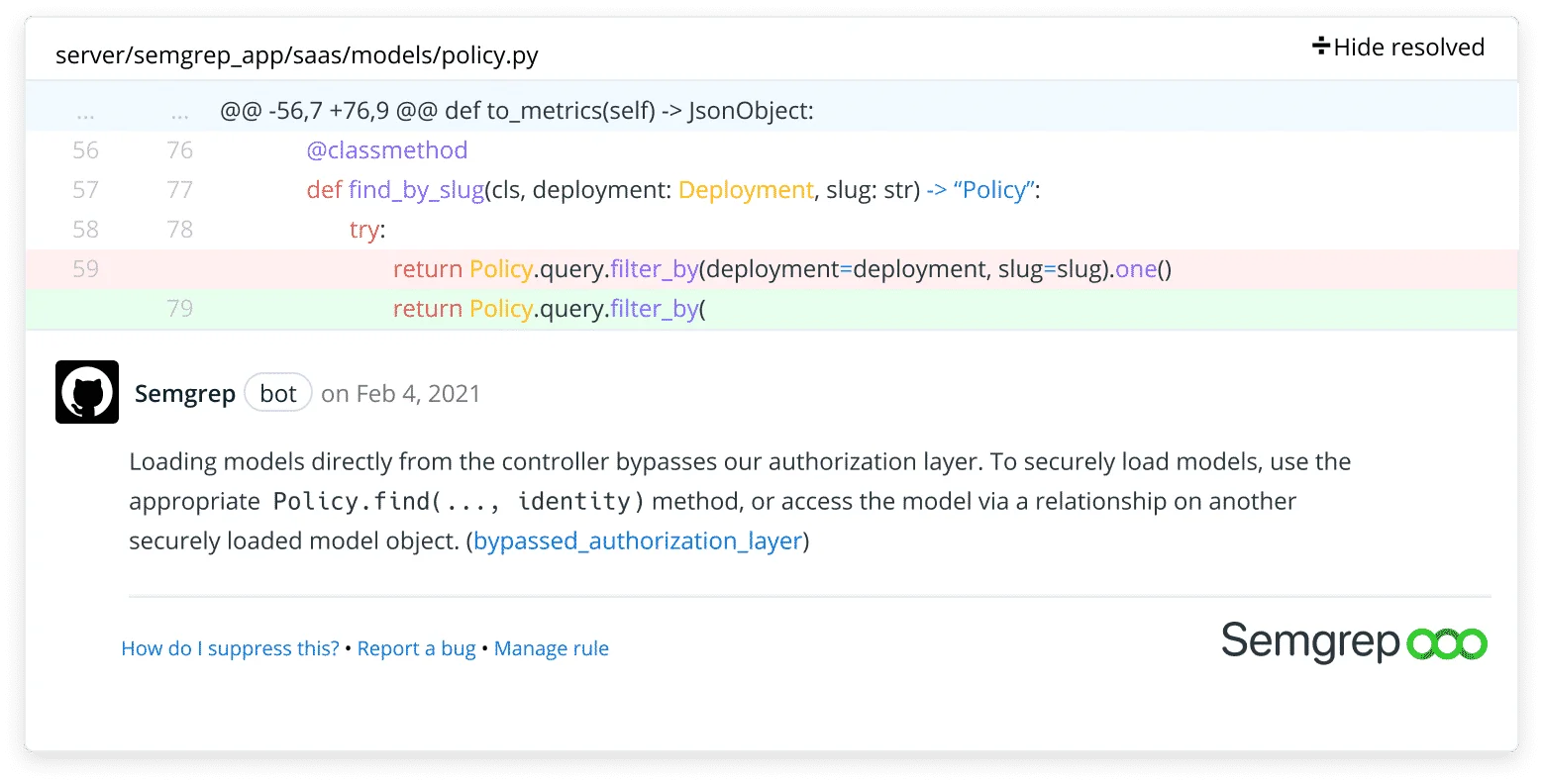 Semgrep bot posting a security finding as a GitHub pull request comment with code diff and remediation guidance