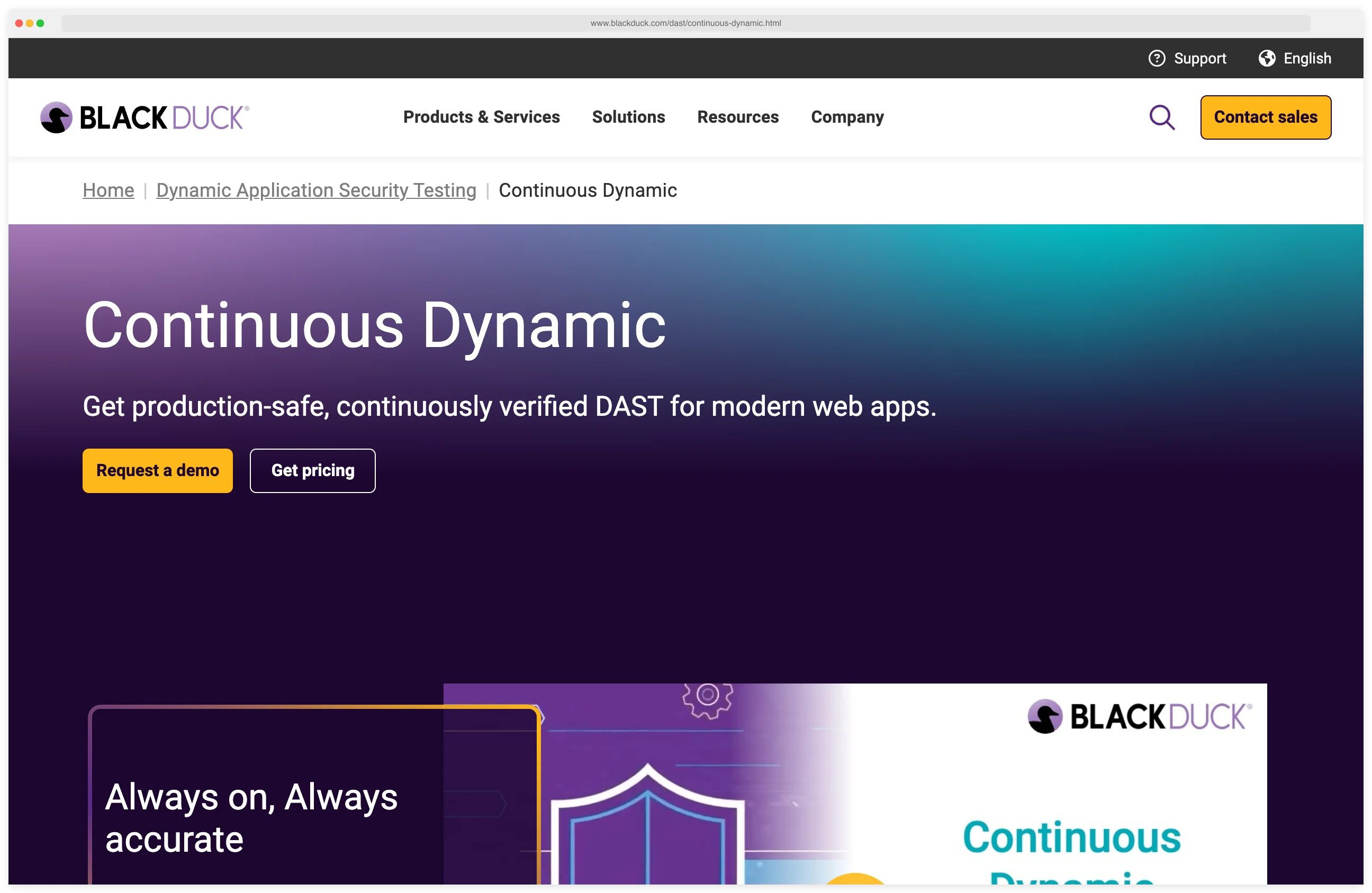 Black Duck Continuous Dynamic product page showing the hero section with a Request a demo call to action and positioning as production-safe, continuously verified DAST for modern web apps
