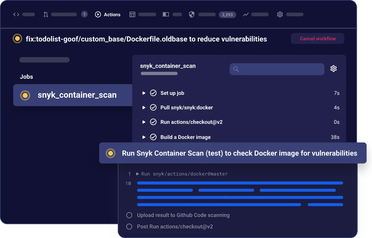 Snyk Container image layer information showing which Dockerfile instruction introduced a vulnerability