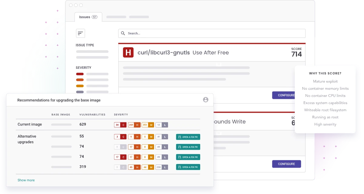 Snyk Container project page showing vulnerability analysis and fix advice for a container image