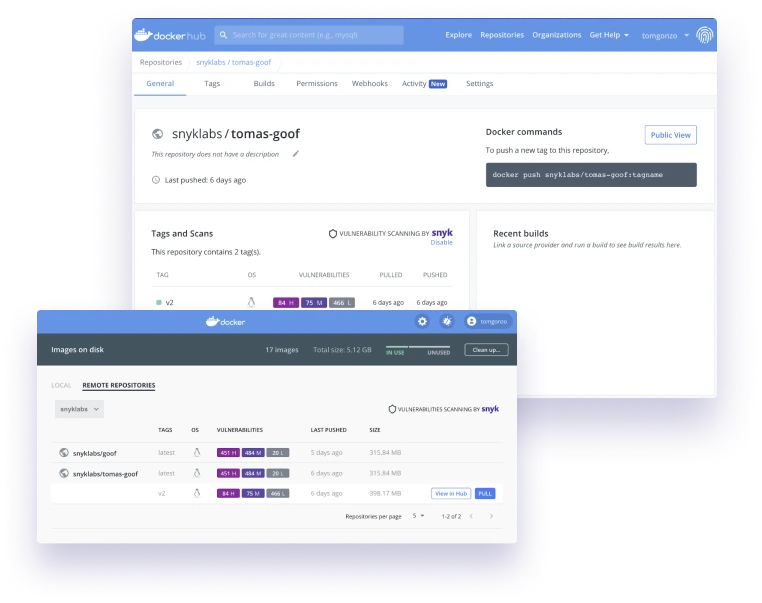 Snyk Container web dashboard showing container project with vulnerability breakdown by severity