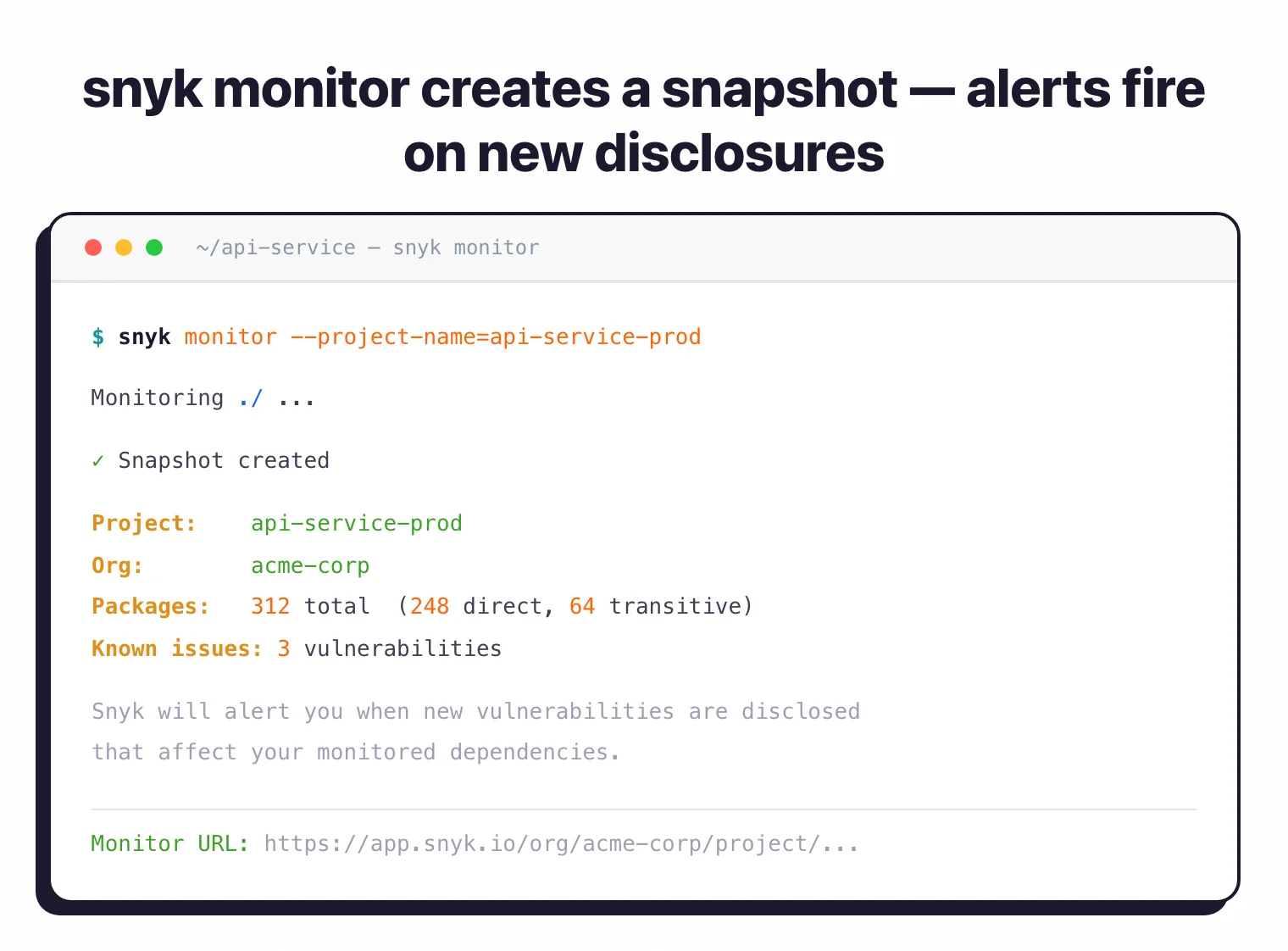 snyk monitor output showing project snapshot created with 312 packages tracked and alert notification enabled