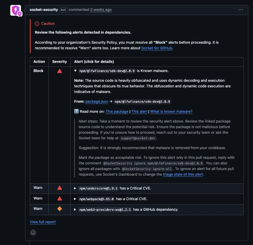 Socket GitHub App PR comment blocking npm/@lfwfinance/sdk-dev@2.0.9 as known malware with obfuscated code, alongside CVE warnings for underscore and webpack