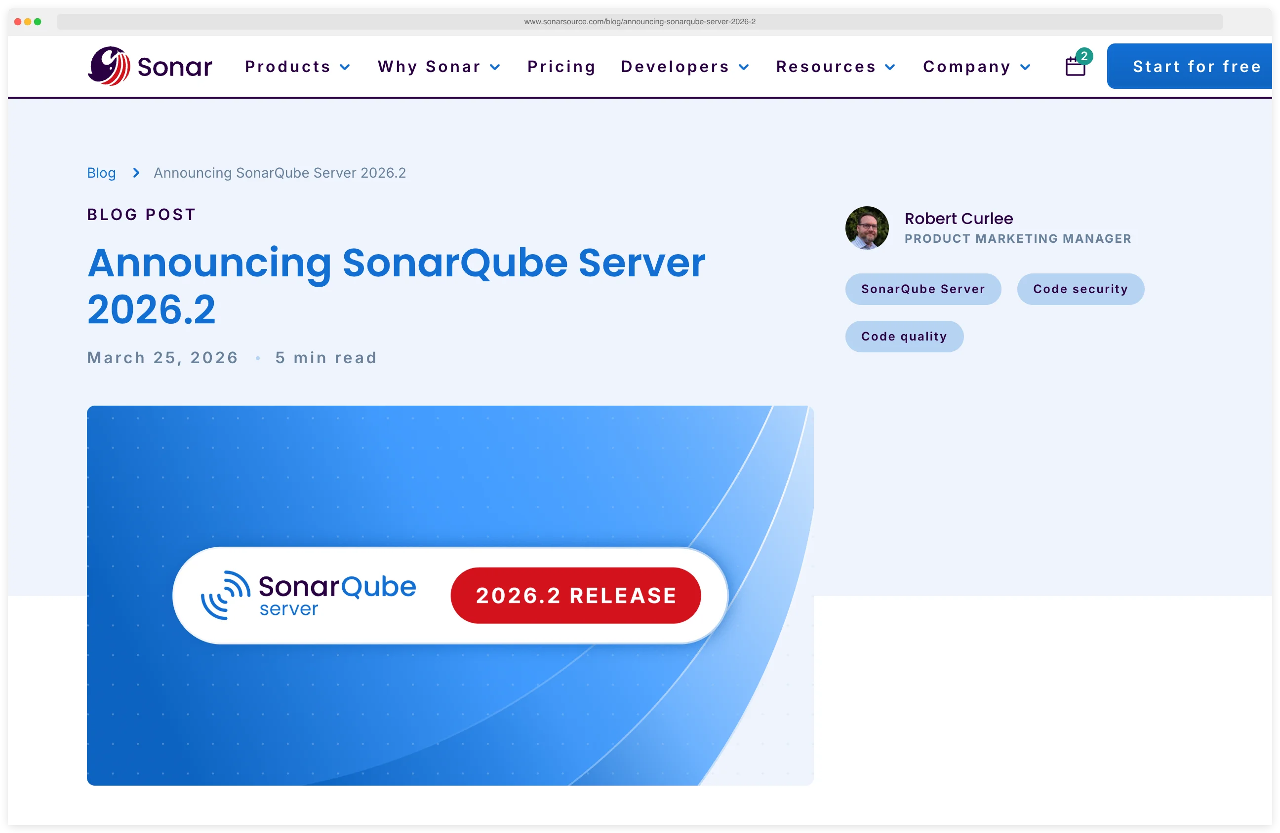 SonarQube Server 2026.2 release announcement on sonarsource.com blog — title 'Announcing SonarQube Server 2026.2', published March 25, 2026, with 2026.2 RELEASE badge