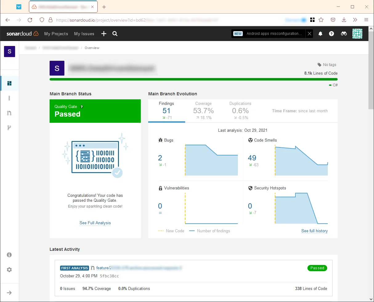 SonarCloud project overview showing quality gate Passed status, main branch evolution with 51 findings, coverage 53.7%, bugs 2, code smells 49, vulnerabilities 0, and security hotspots 0 for a C# project