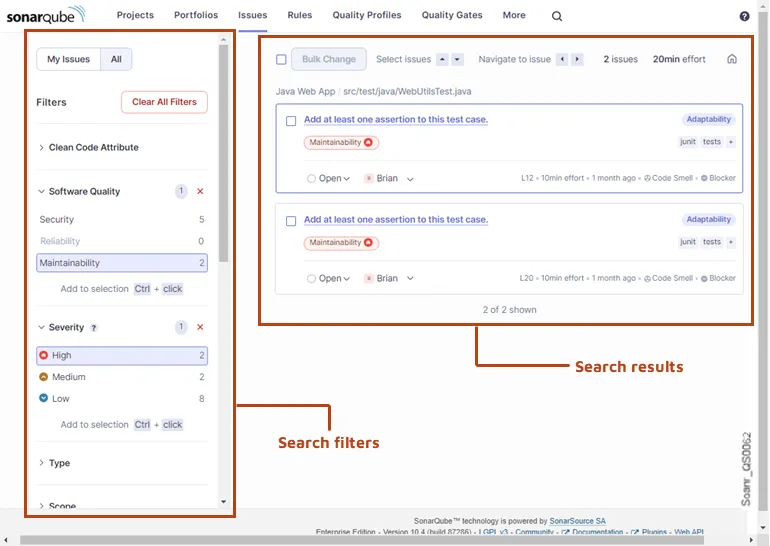 SonarQube issues list showing vulnerability details with severity levels and affected code locations