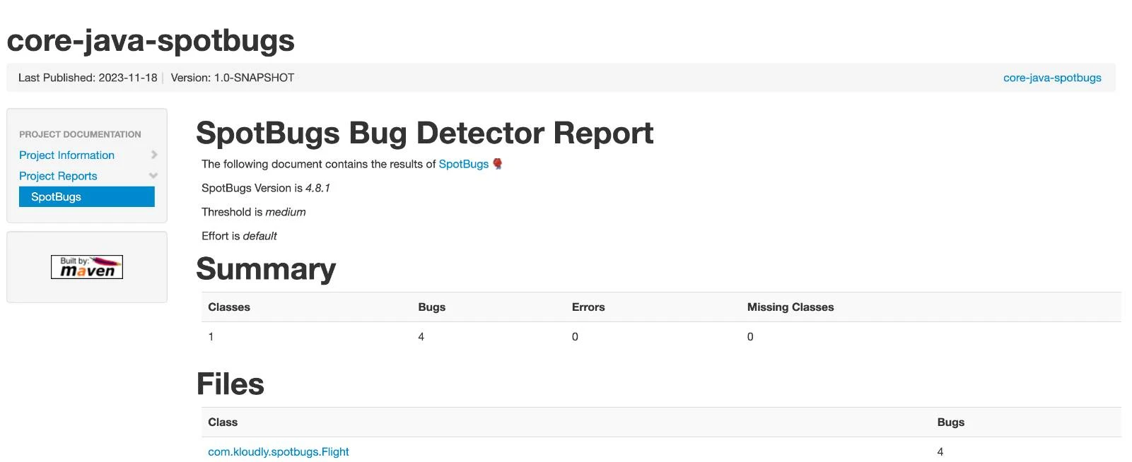 SpotBugs Maven plugin HTML report showing summary table with classes, bugs, errors, and file-level bug breakdown