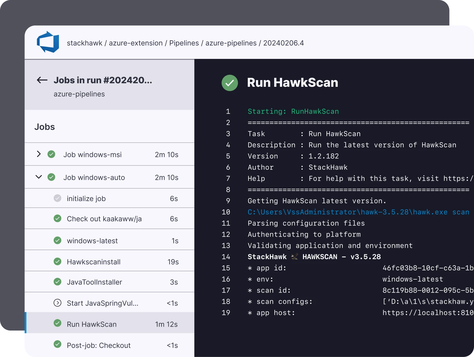 HawkScan running inside Azure Pipelines showing the CI/CD job list with a successful Run HawkScan step, parsing stackhawk.yml config and validating the application environment