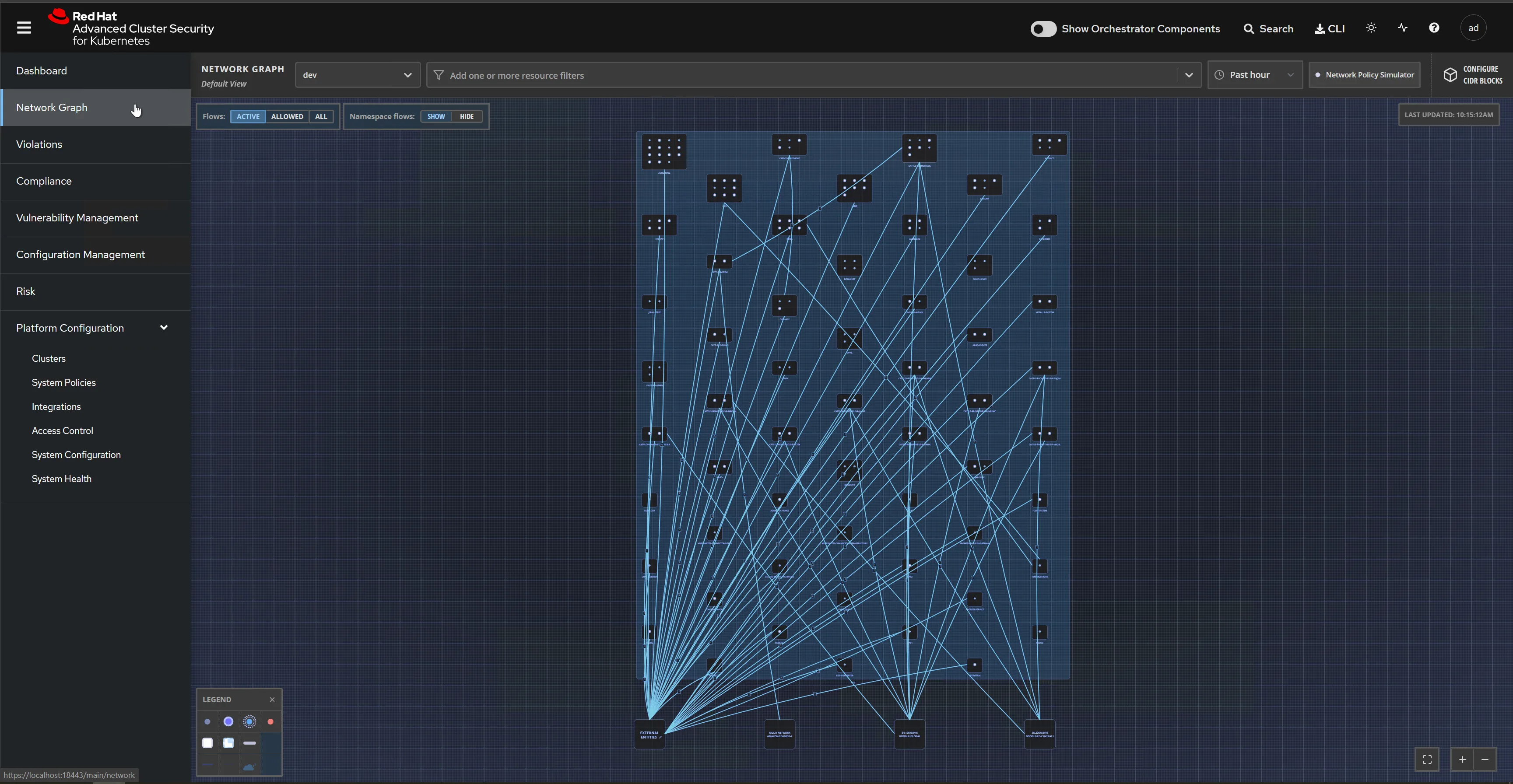 StackRox network graph visualization showing pod-to-pod communication paths across a Kubernetes cluster