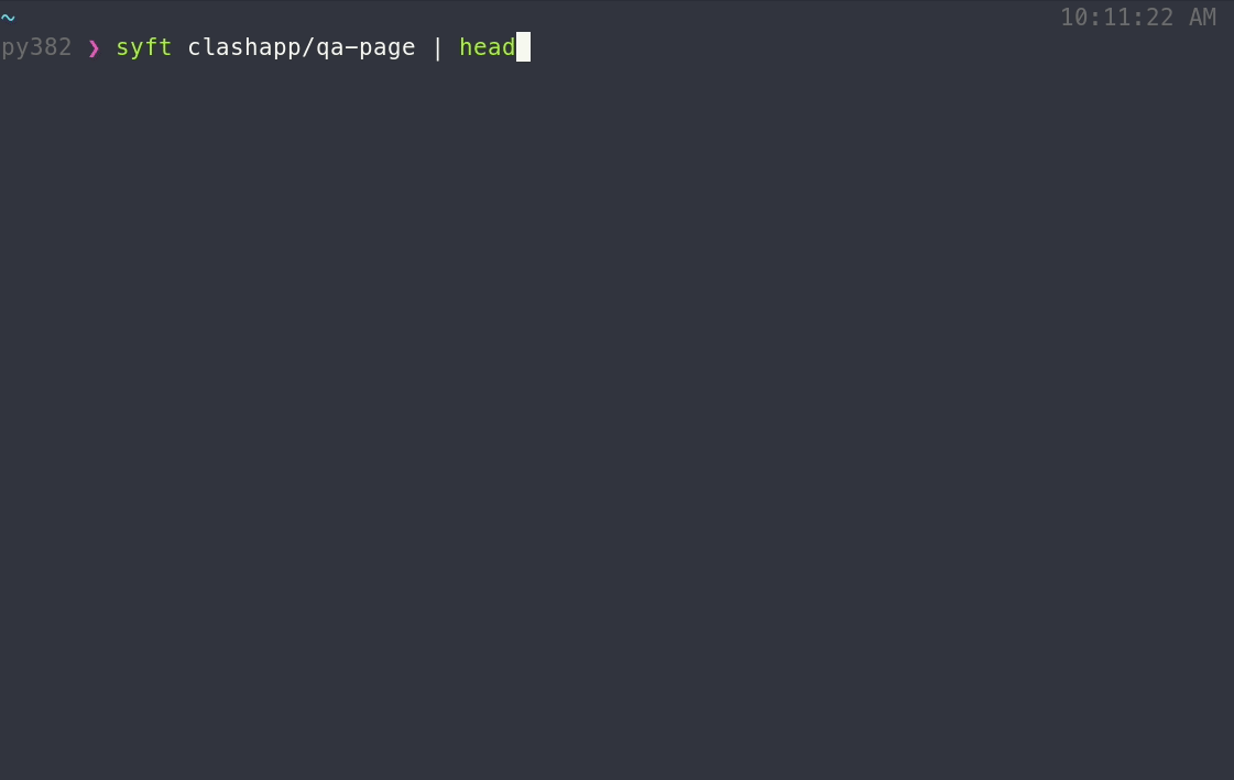 Animated Syft CLI demo scanning a container image and producing a Software Bill of Materials inventory with package versions and ecosystem detection