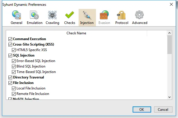 Syhunt Dynamic vulnerability checks configuration panel
