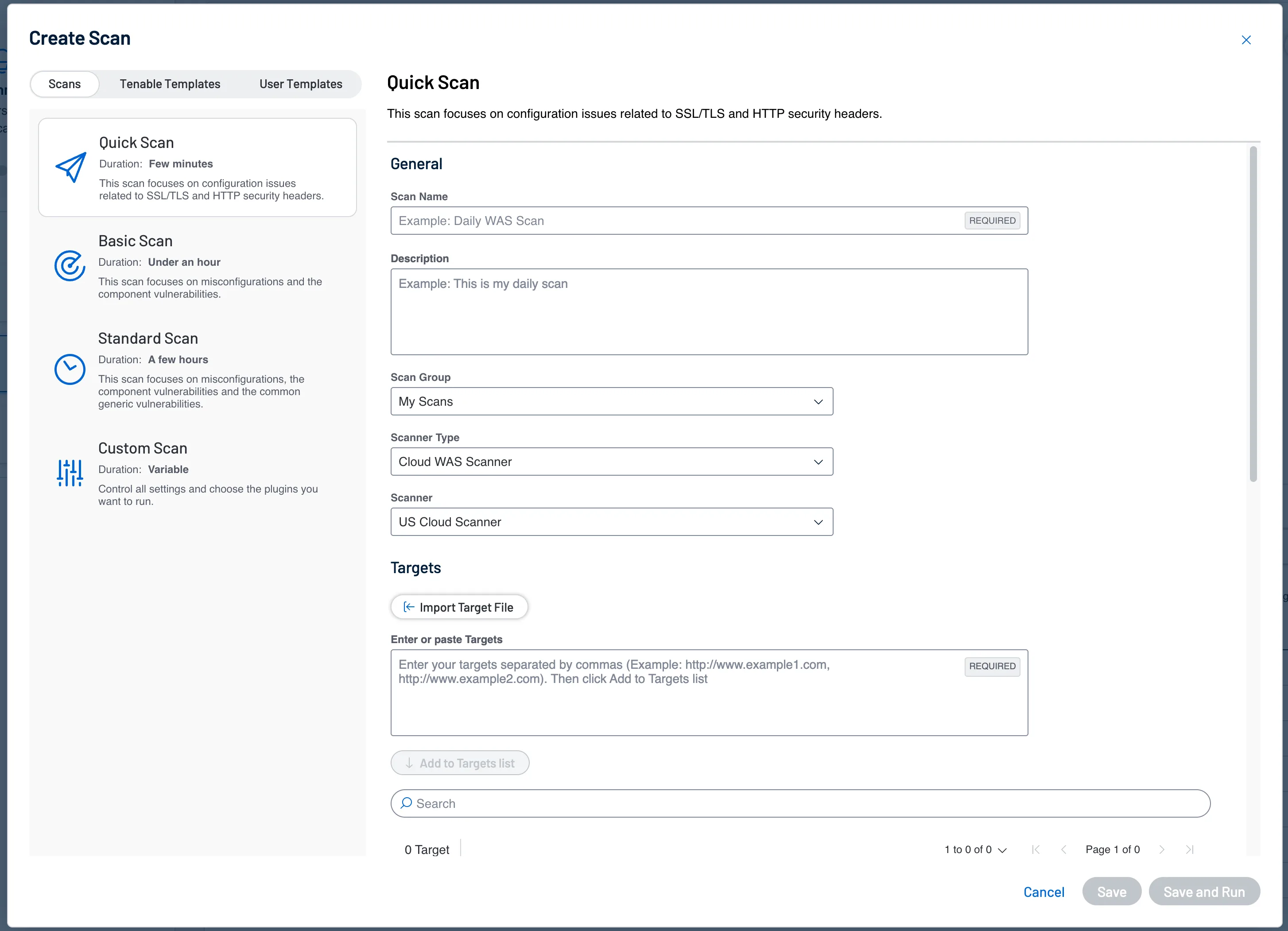 Tenable Web App Scanning scan creation interface