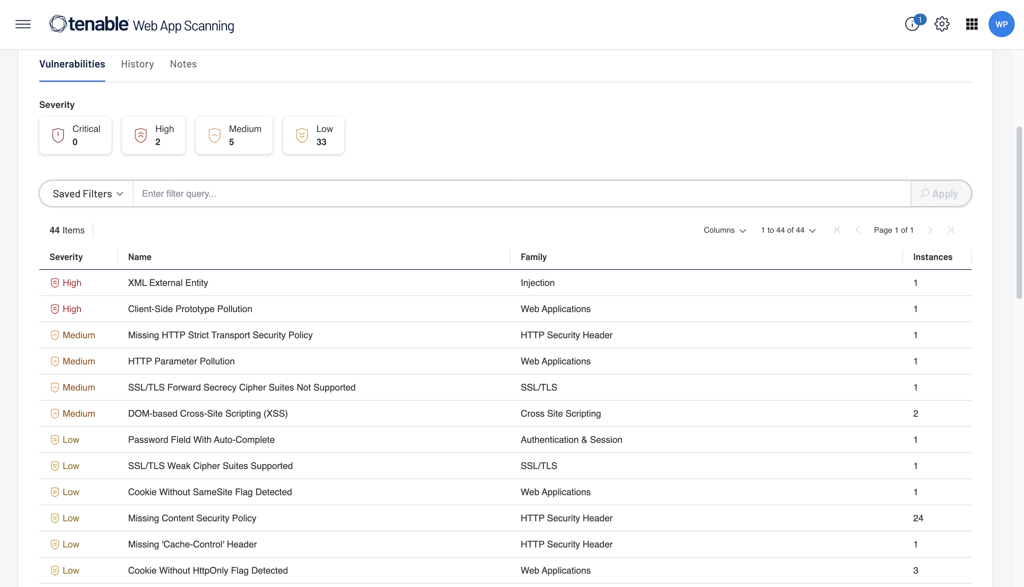 Tenable Web App Scanning results showing vulnerability findings