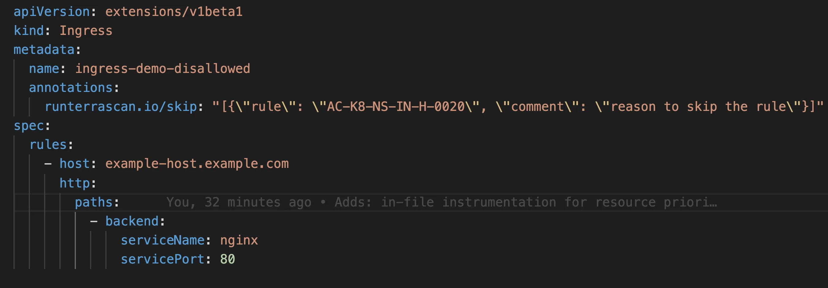 Terrascan skip rules annotation in Kubernetes YAML to suppress specific policy violations