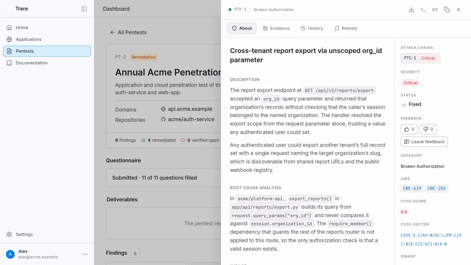 Trace finding detail for a cross-tenant report export, showing description, root cause analysis with file and function, CVSS 9.6, CWE-639 and CWE-285, and a linked attack chain