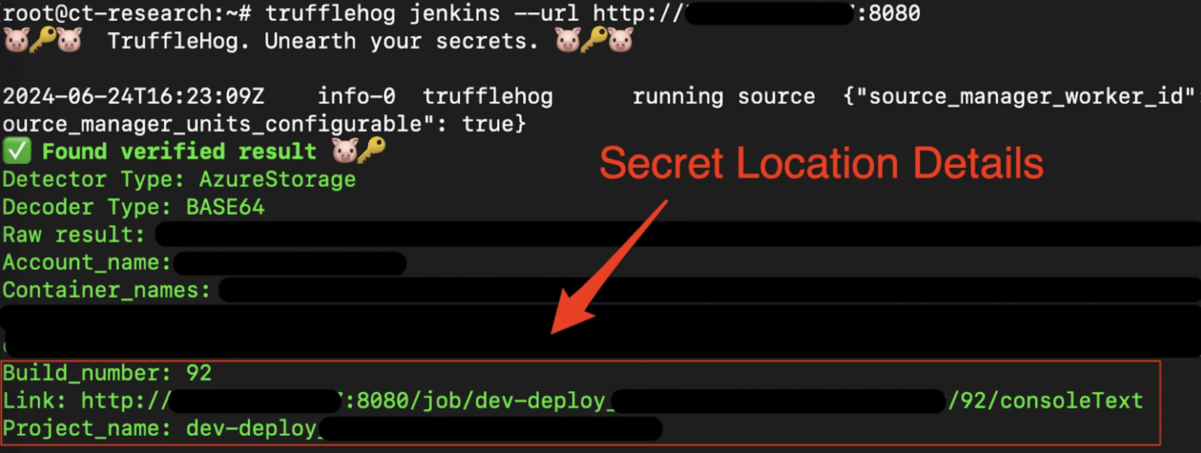 TruffleHog scanning Jenkins logs and finding a verified AzureStorage secret with build number, project name, and secret location details highlighted