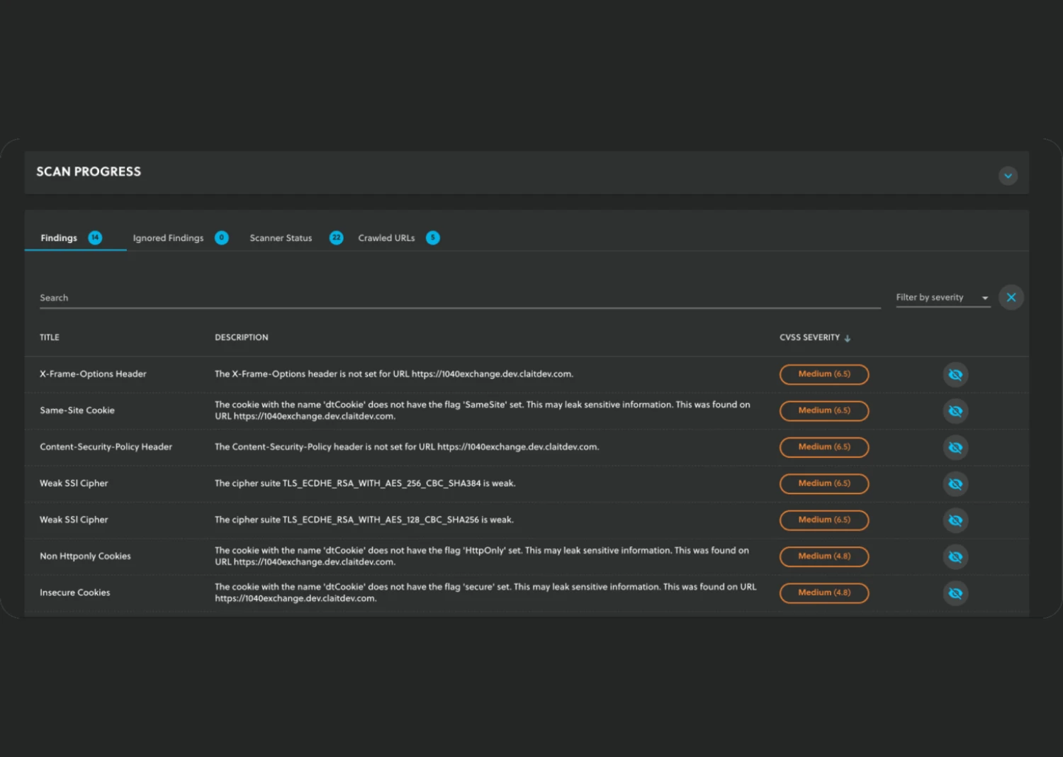 Veracode DAST scan progress view listing discovered findings by category including injections, headers, and cookies