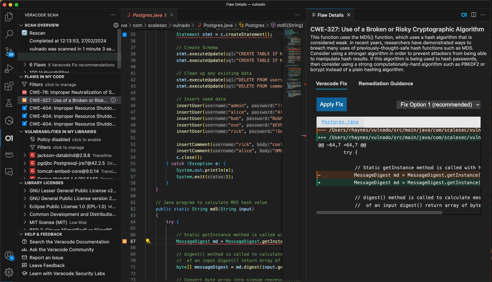 Veracode Scan for VS Code showing CWE-327 broken cryptographic algorithm flaw with code context, severity rating, and Apply Fix button for remediation guidance
