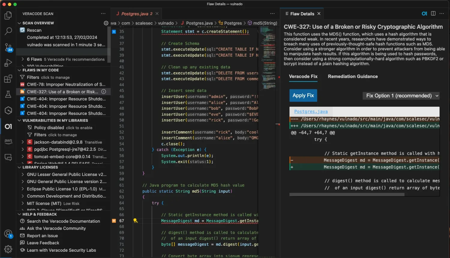 Veracode SAST findings displayed inline in the VS Code IDE with severity badges, CWE classifications, and remediation guidance