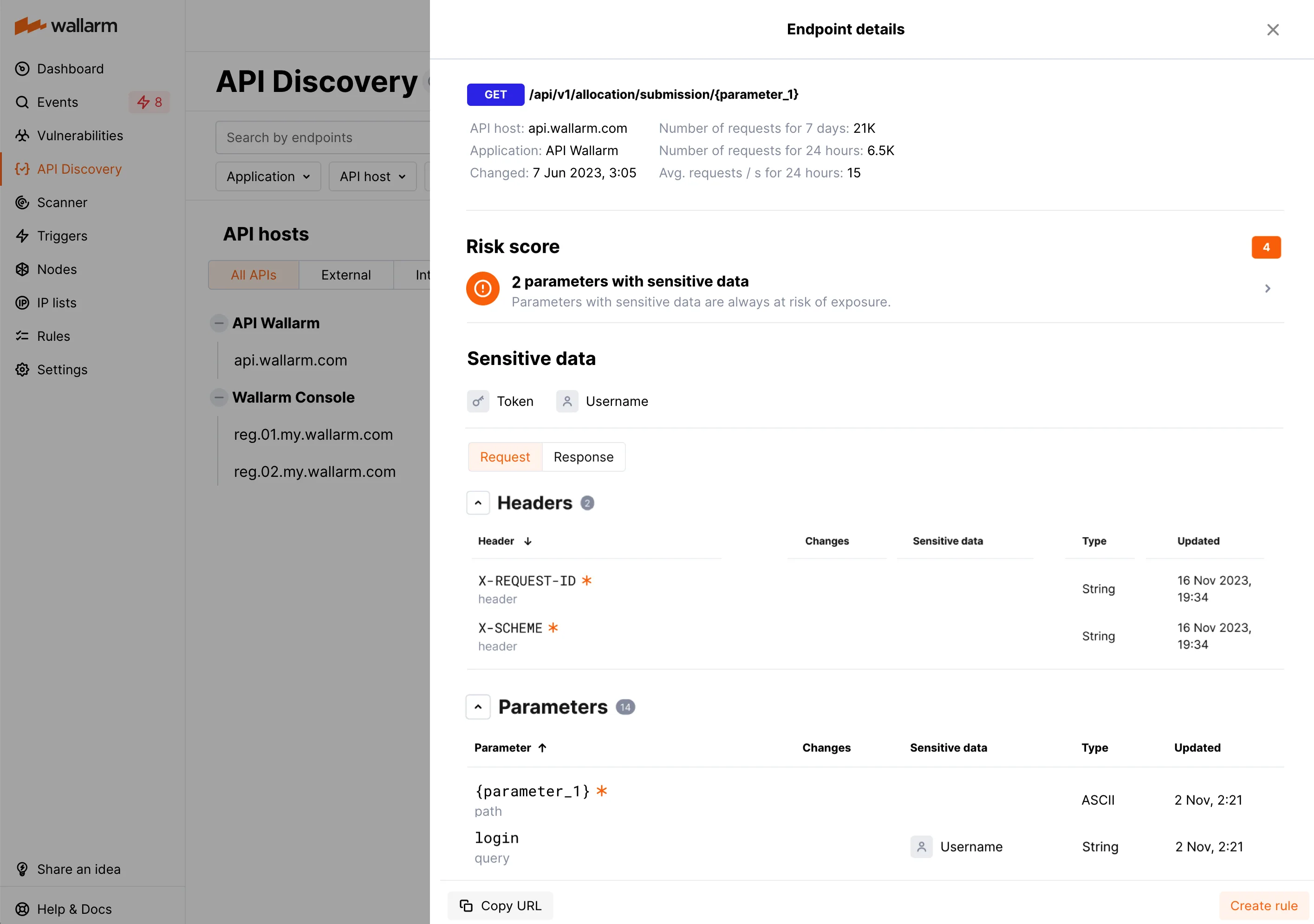 Wallarm API Discovery showing request parameters and data types for an endpoint