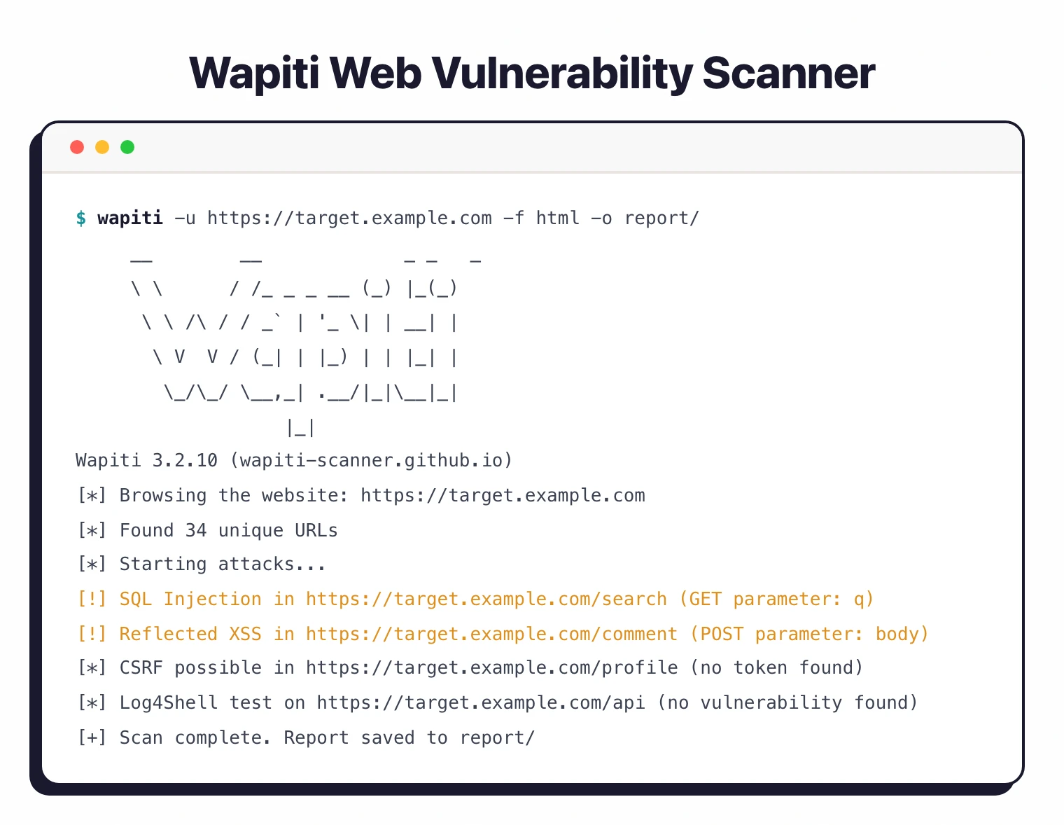 Wapiti 3.2.10 scan output showing SQL injection and reflected XSS findings with vulnerability details and report generation