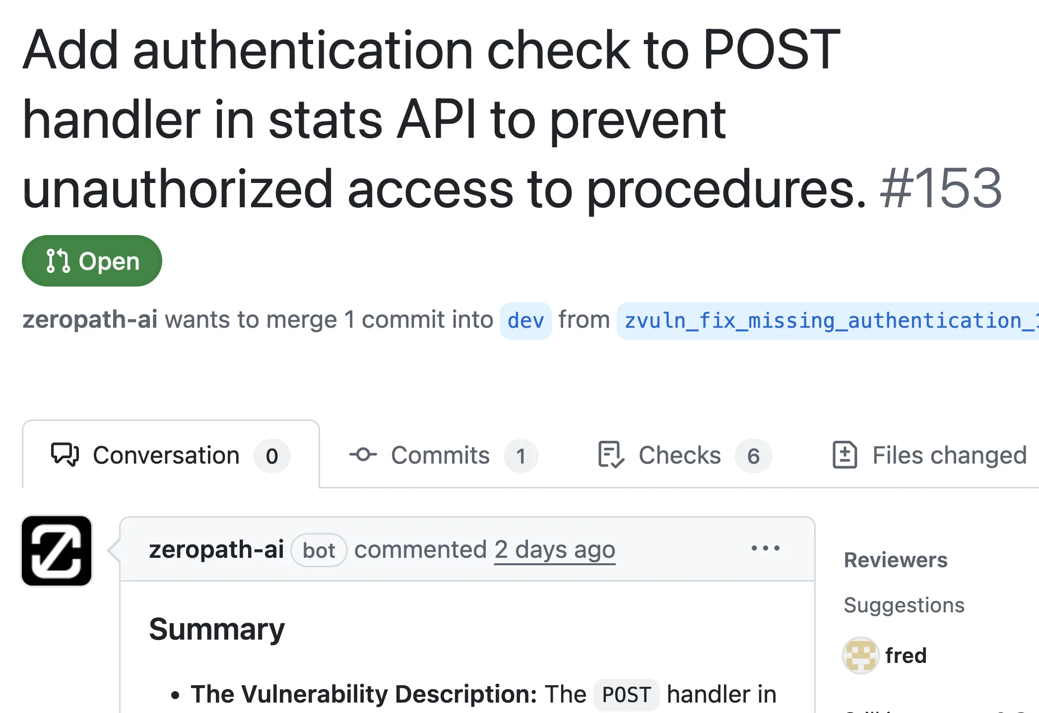 ZeroPath autofix opening a GitHub pull request that adds a missing authentication check to a POST handler
